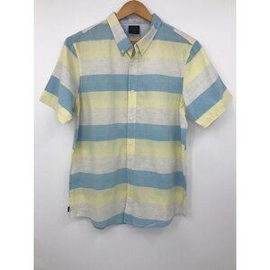 Oakley Men's Button Down Short Sleeve Striped Cotton Shirt Blue Yellow Large